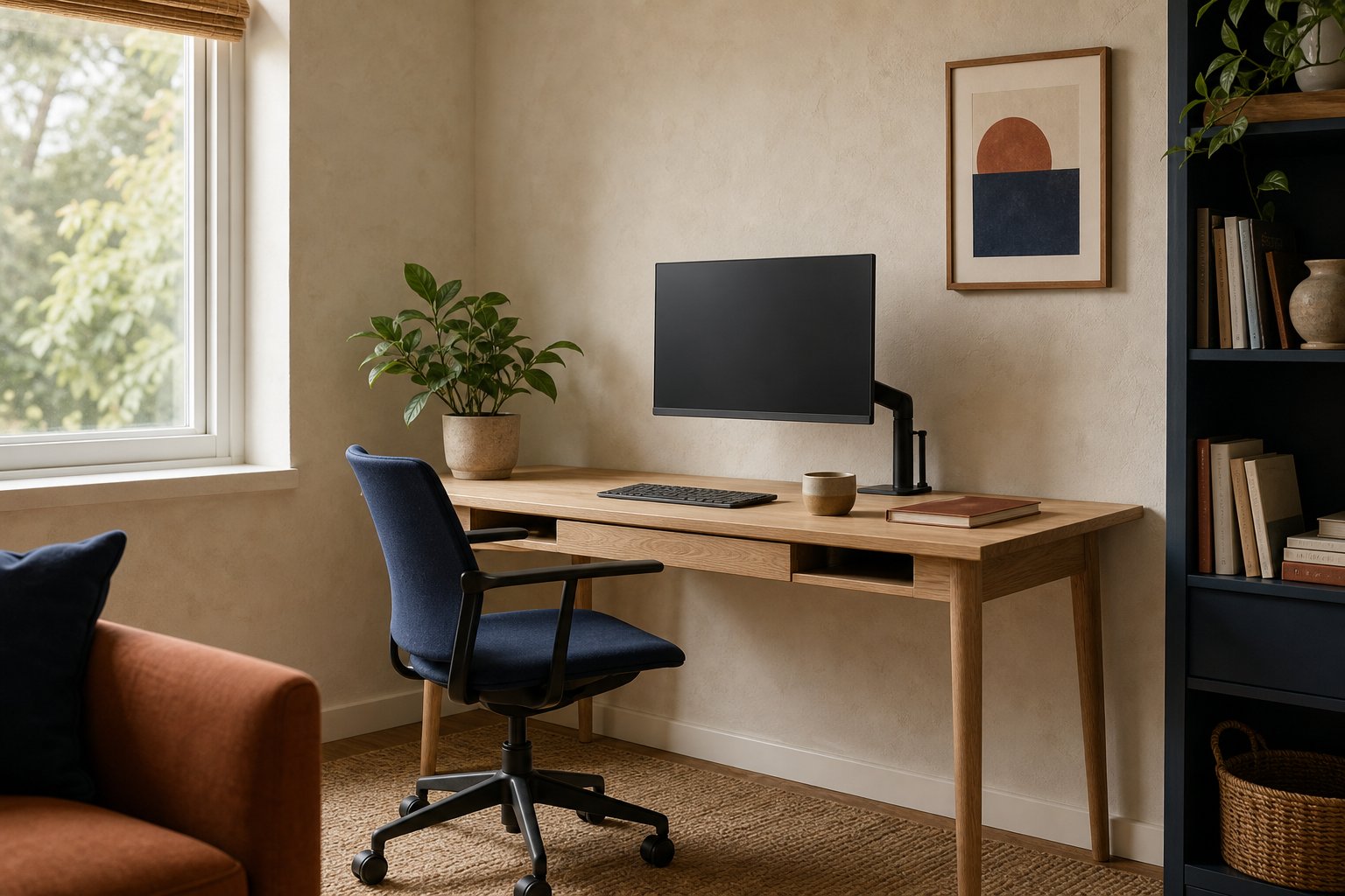 Warm minimal home office with one monitor, a light oak desk and restrained accessories