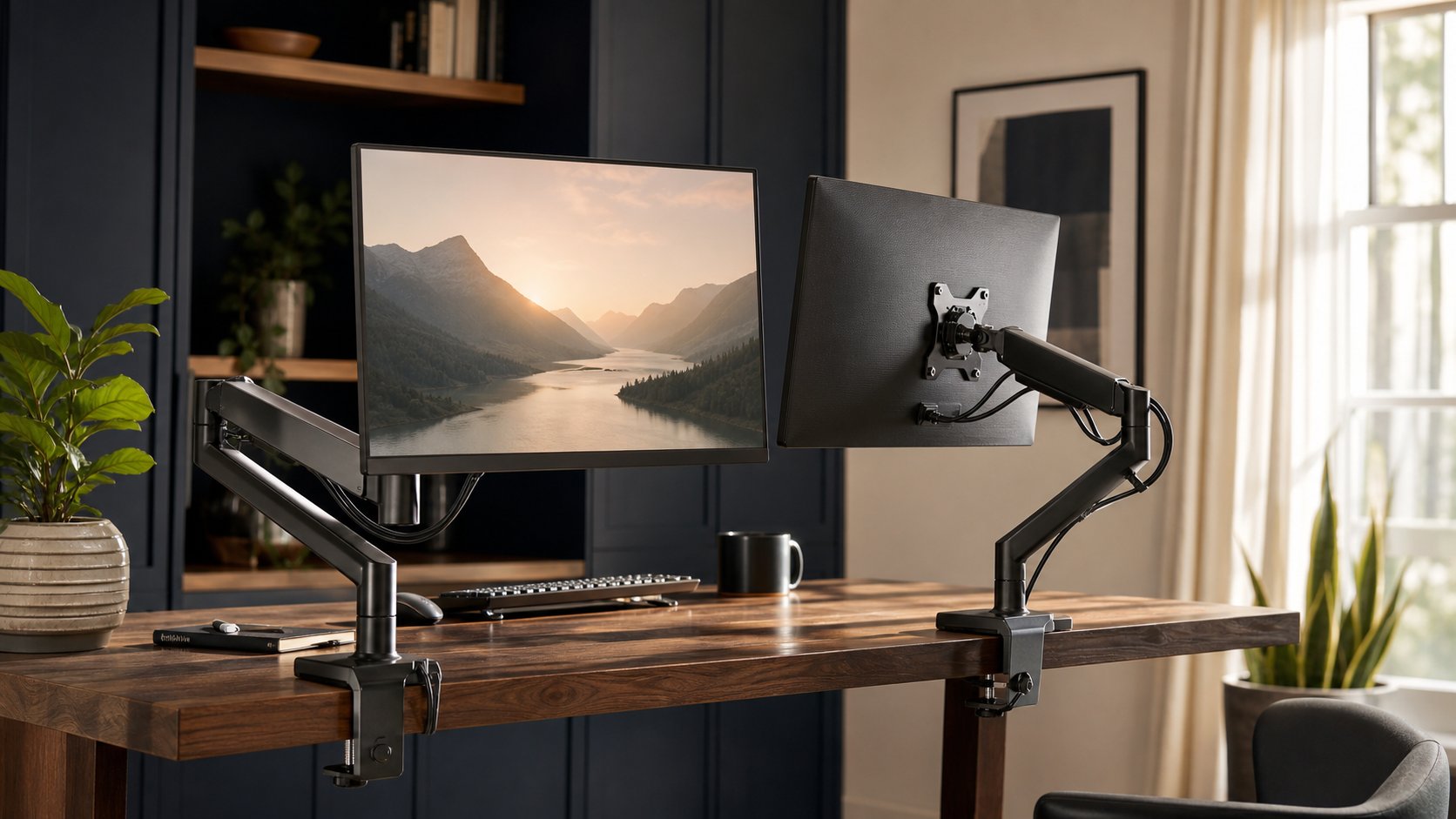 Two monitors secured to independent adjustable arms with visible desk clamps and organized cables