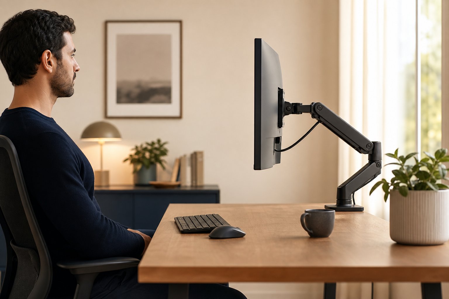 Side profile of an adjustable monitor positioned in front of a seated worker