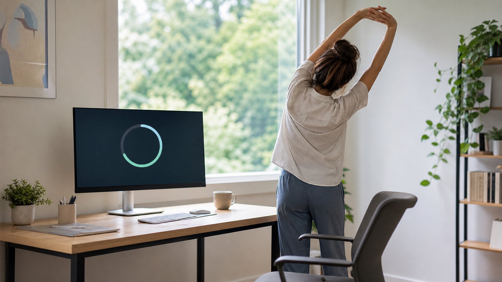Remote worker taking a gentle standing movement break while a simple circular timer appears on the monitor