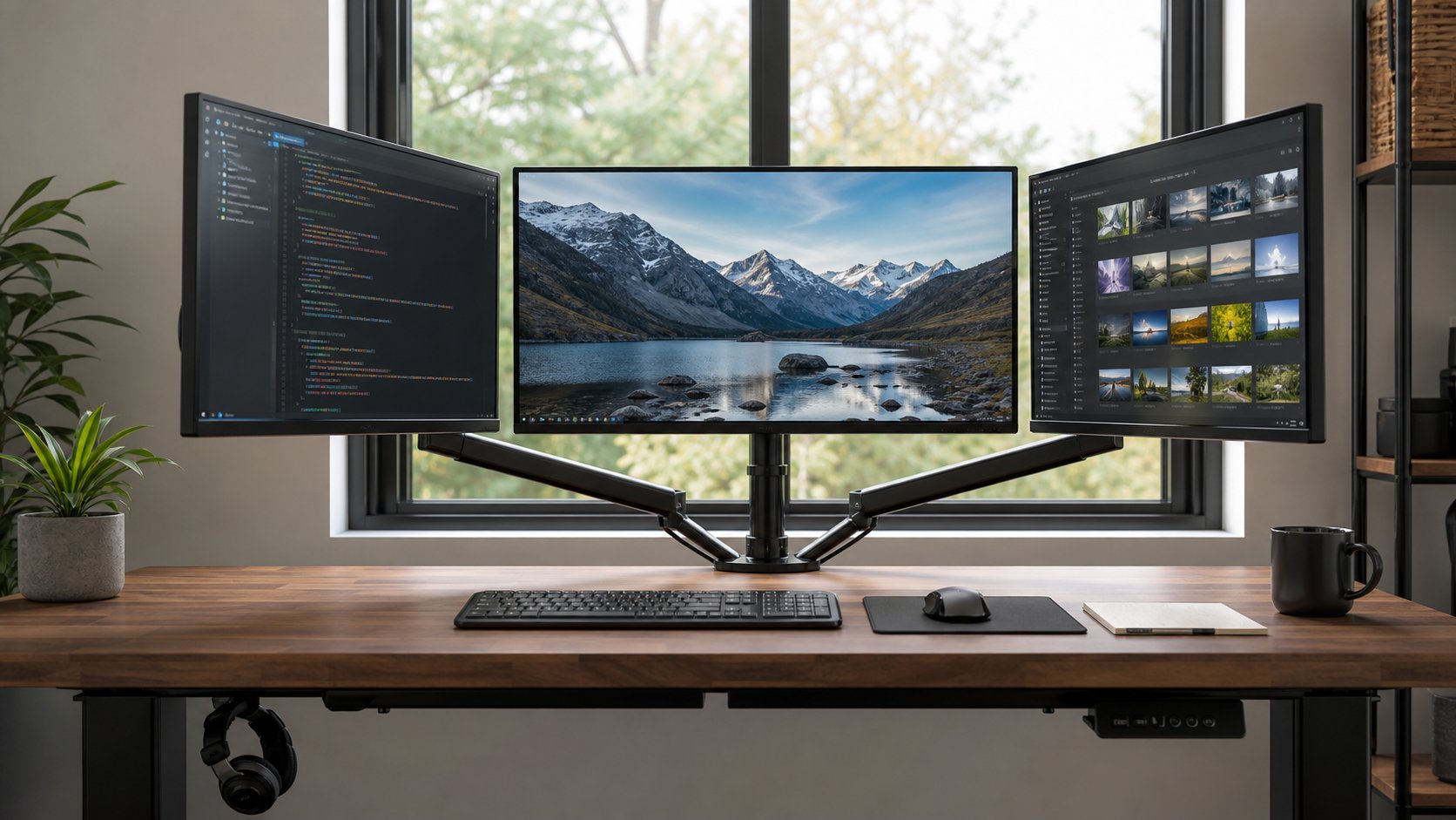 Three-monitor home-office workstation with a centered main display, angled side screens and organized cables