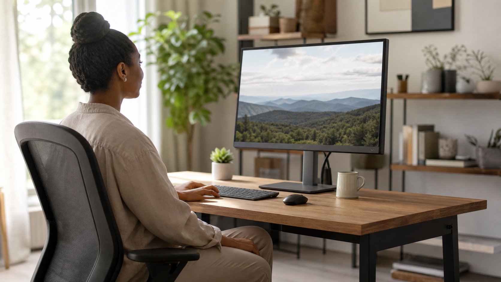 Remote worker using a centered eye-level monitor with relaxed shoulders in a bright home office