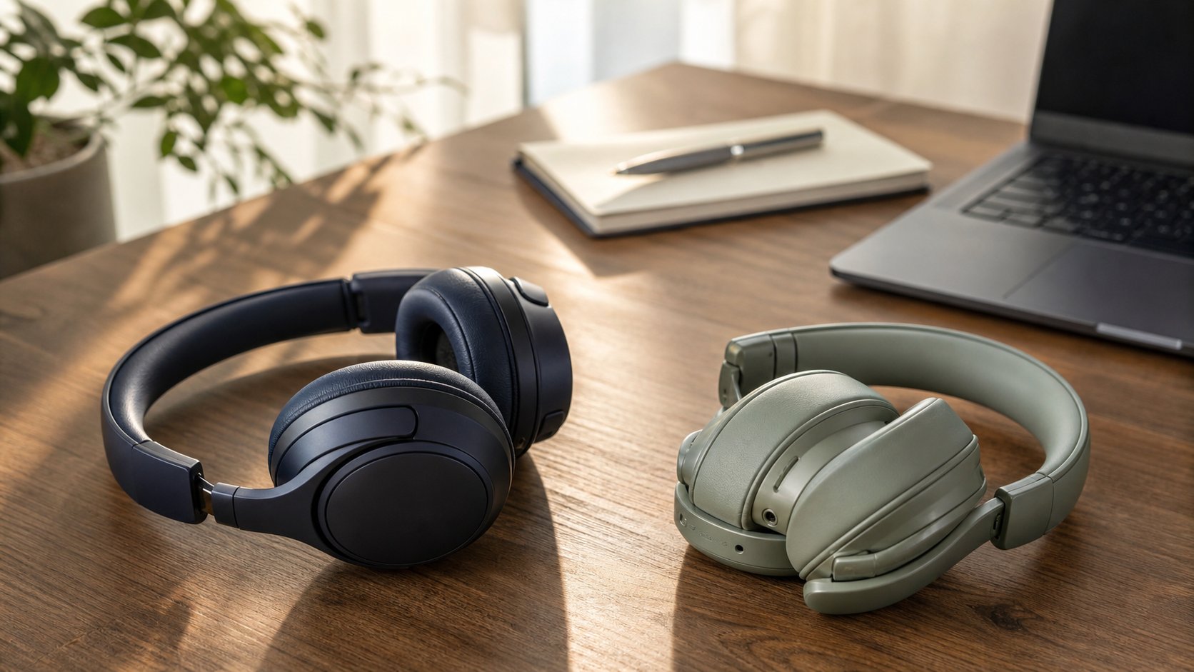 Two unbranded over-ear noise-canceling headphones resting beside a laptop and notebook