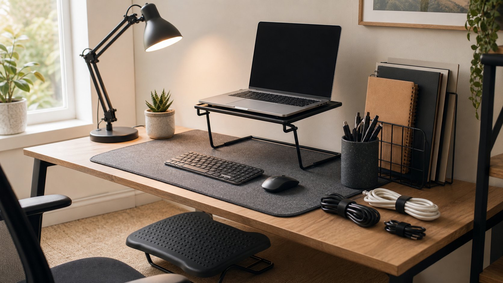 Affordable task lamp, desk mat, laptop riser, footrest and organizers arranged in a practical home office