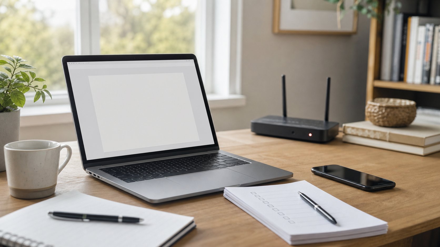 Laptop with an offline document beside a router, phone and paper work plan during an internet outage