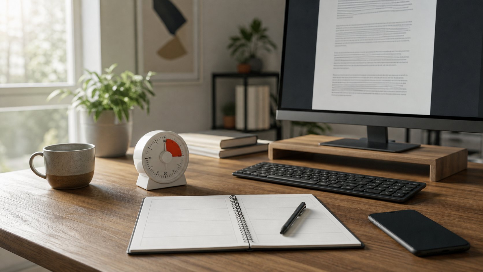 Remote-work desk prepared for a focused timer session with a notebook, keyboard and phone set aside