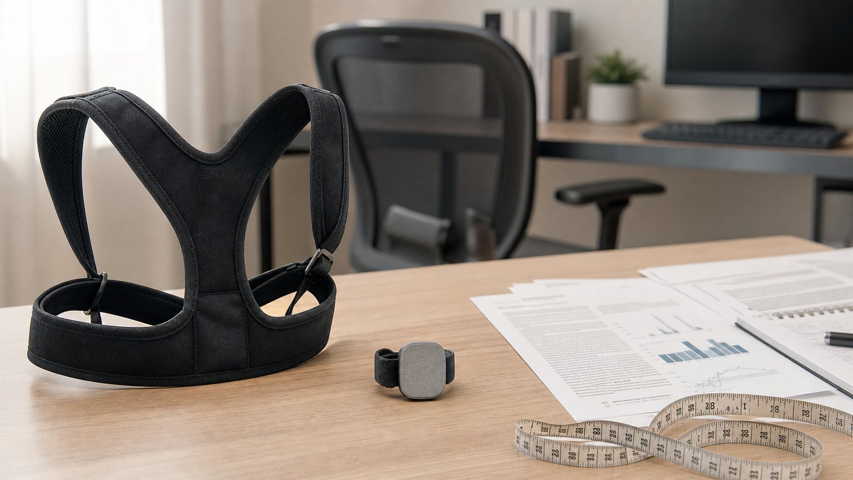 Shoulder posture reminder brace and small wearable feedback sensor beside research papers and measuring tape