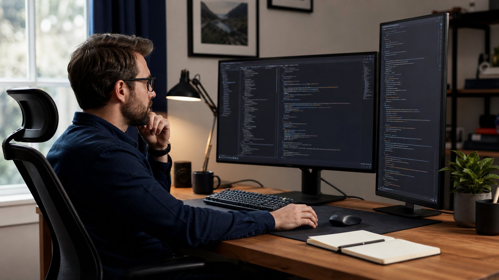 Programmer working at an organized home workstation with centered landscape and vertical secondary monitors