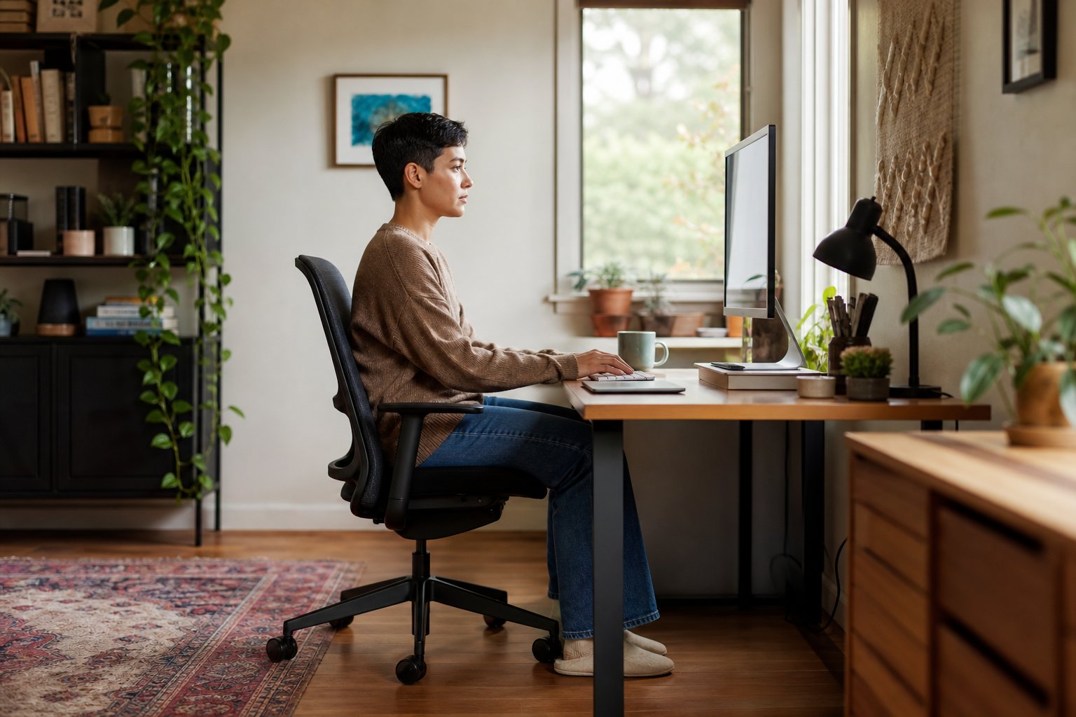 Side view of a remote worker sitting in a comfortable supported posture at a desk