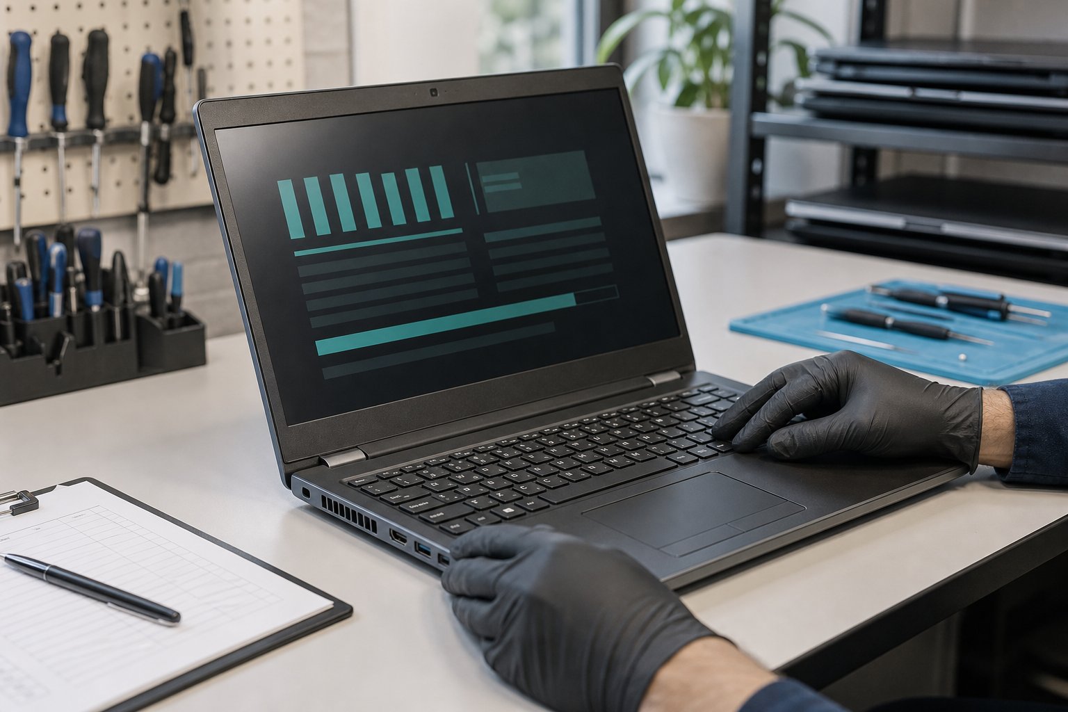 Technician inspecting the keyboard and ports of a refurbished business laptop