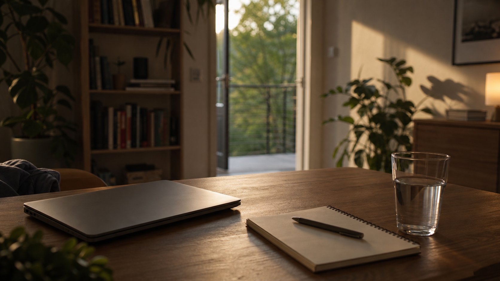Closed laptop, water and notebook at the end of a remote workday with an open doorway away from the desk