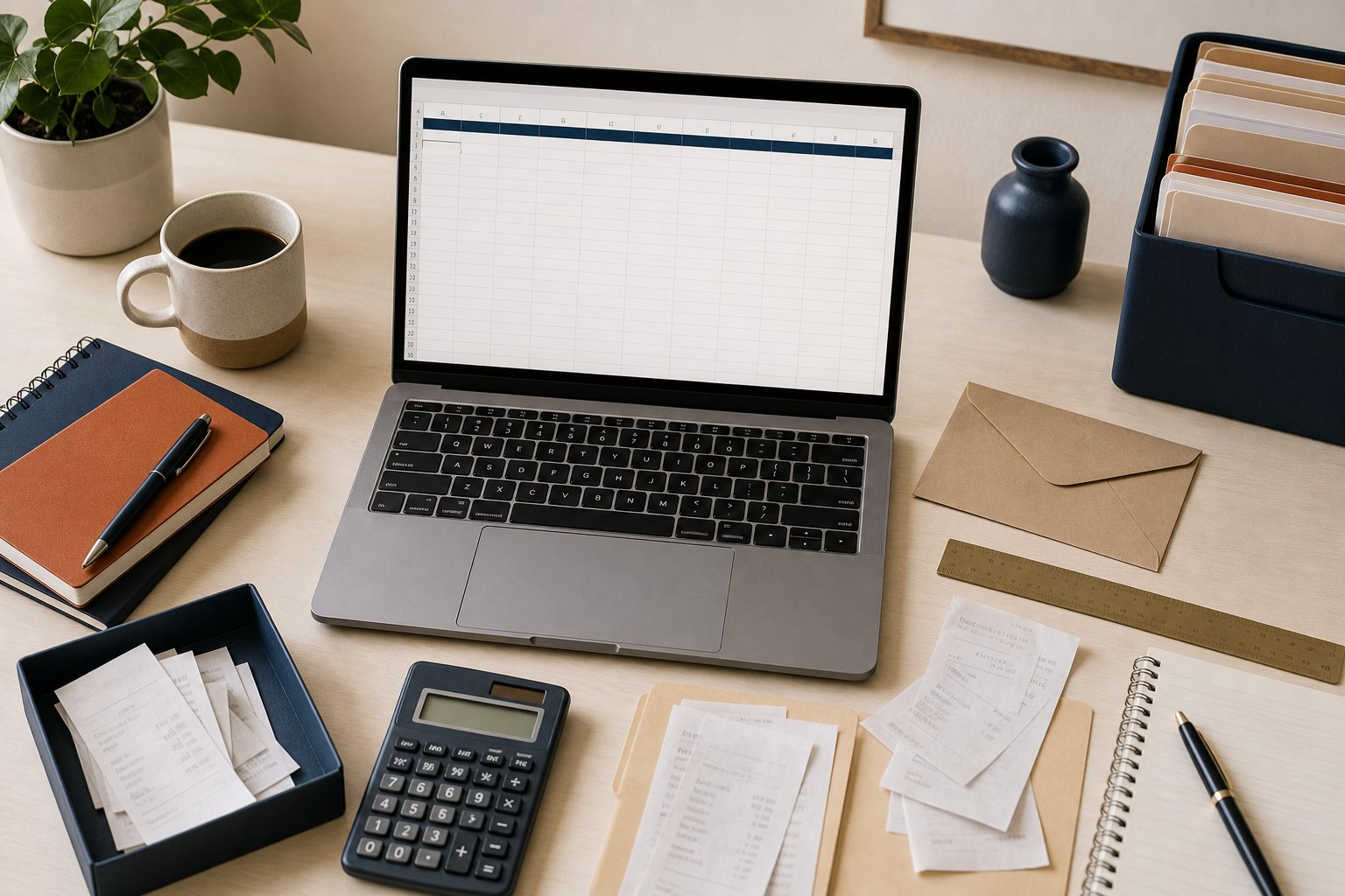 Laptop expense spreadsheet with calculator, receipts and pen on an organized desk