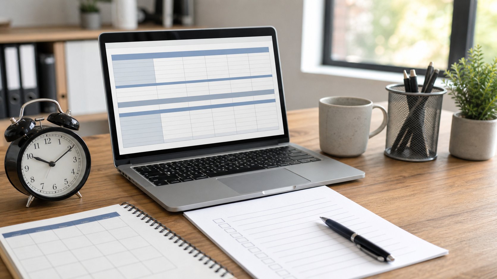 Remote-work timesheet on a laptop with an analog clock, paper calendar and organized task notes