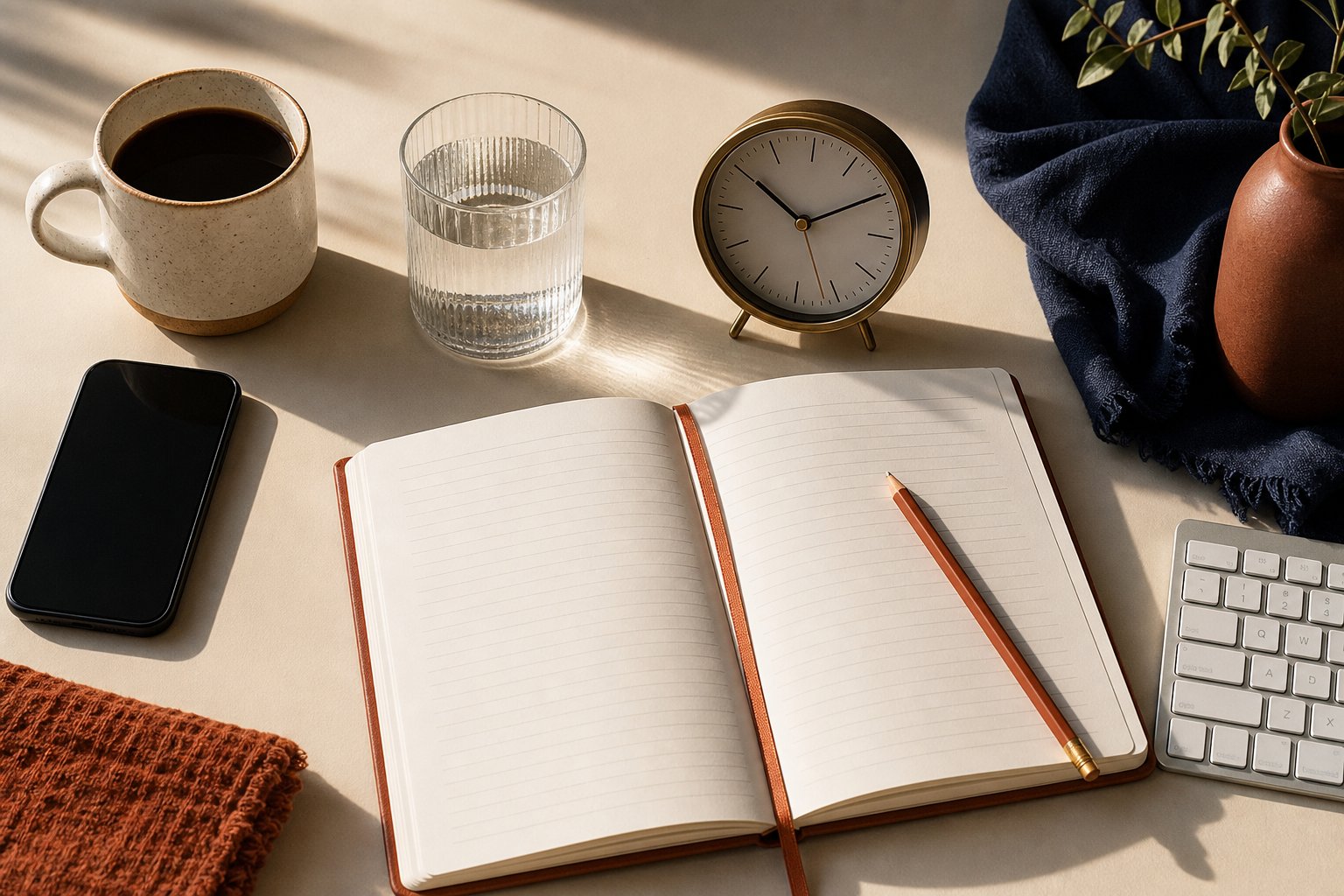 A calm morning desk with a paper planner, clock, water and keyboard
