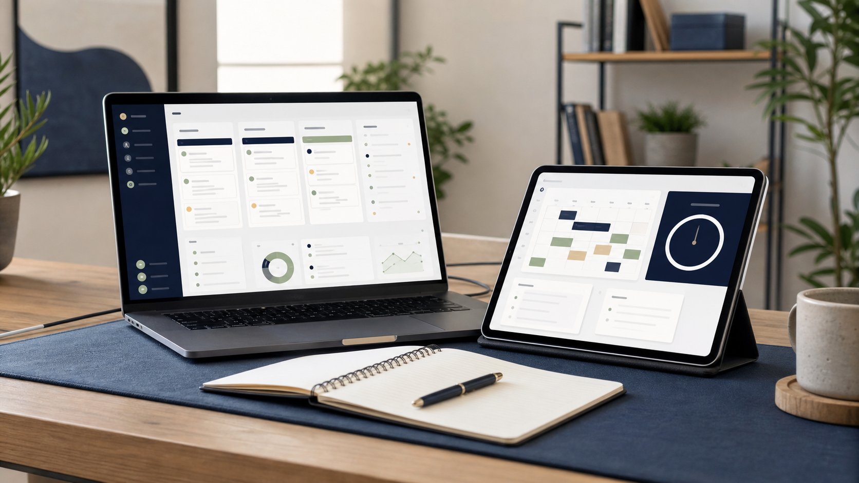Laptop and tablet displaying generic task boards, calendar blocks and a focus timer