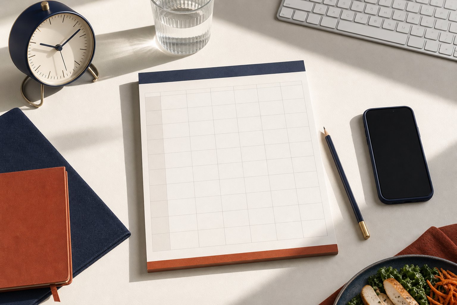 Time-block planner, analog clock, keyboard and water arranged for a remote workday