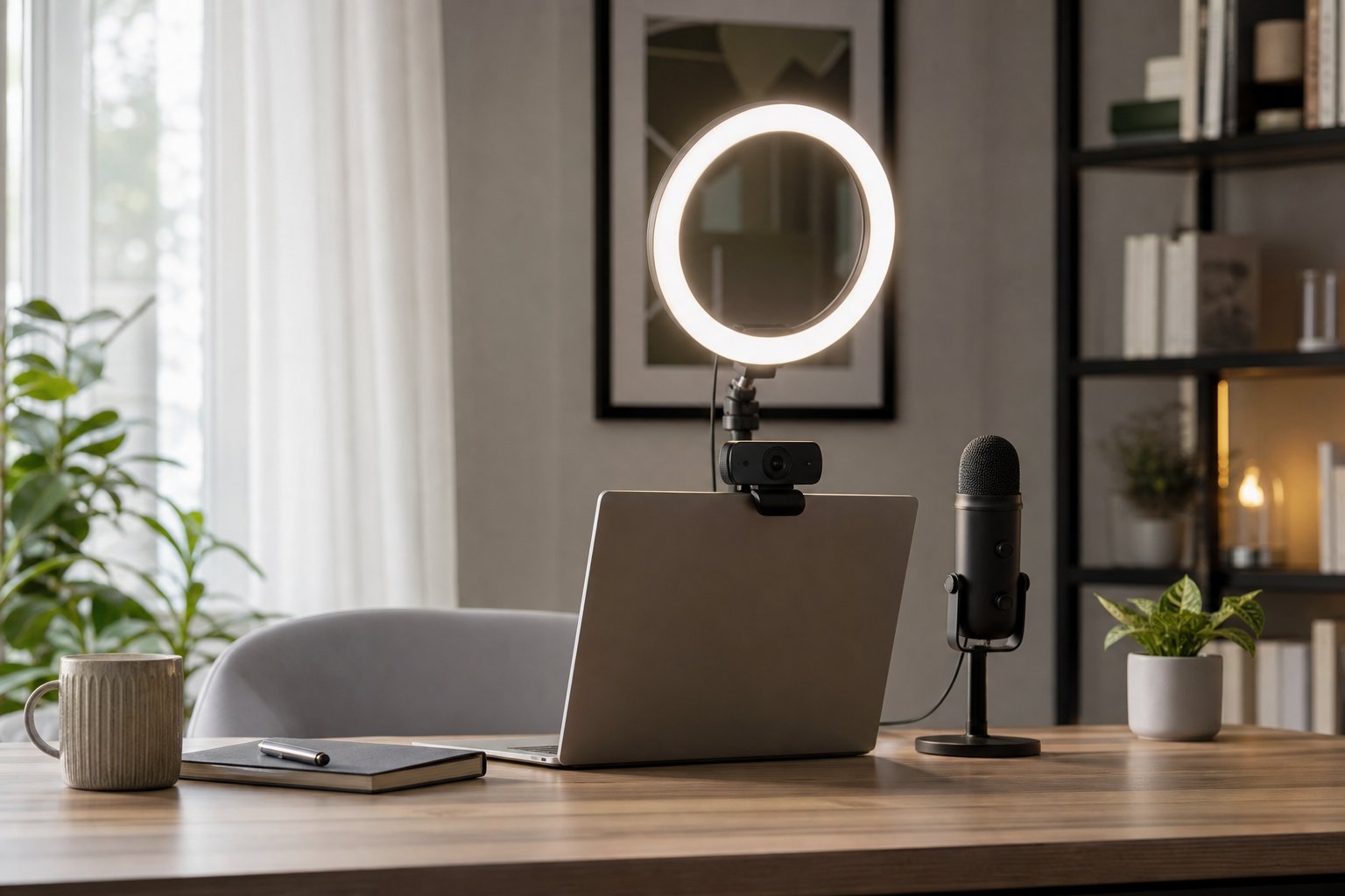 A practical ring light positioned behind and slightly above a laptop camera