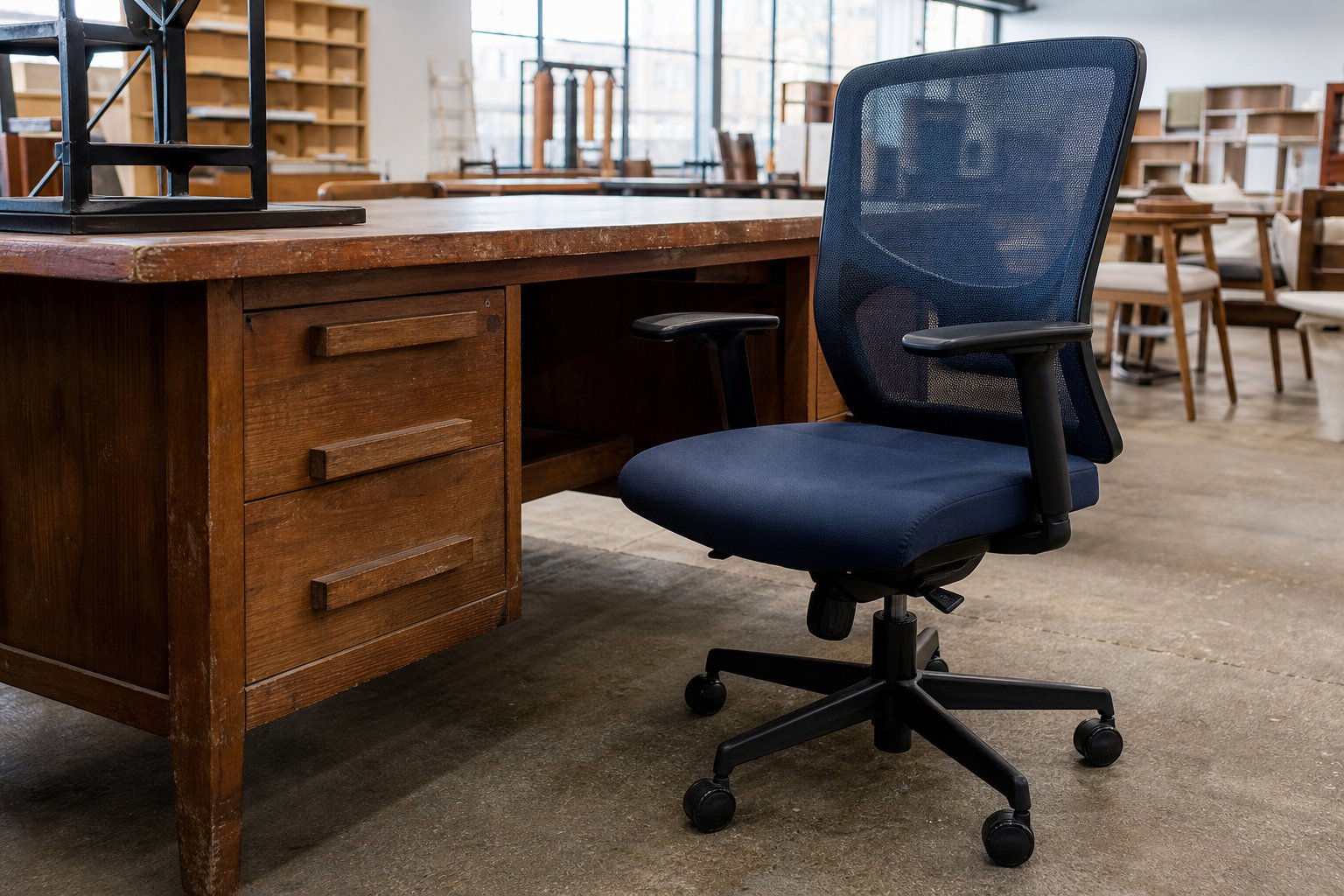 A used commercial office chair and wood desk in a bright furniture resale warehouse