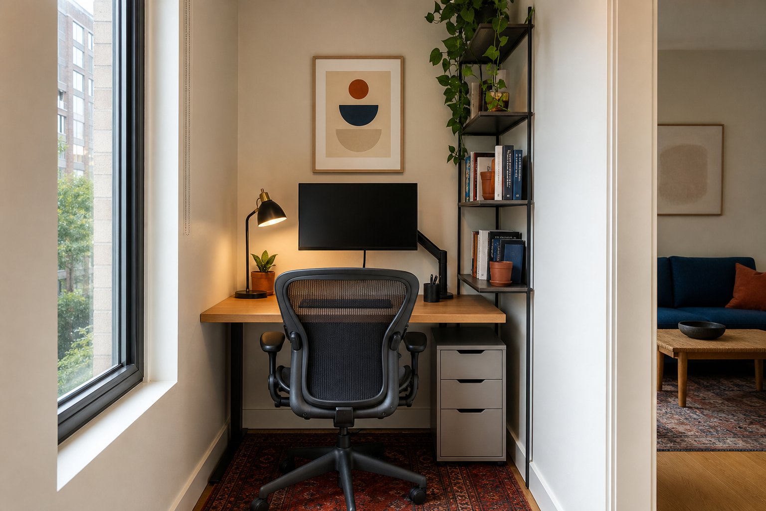 A compact home office arranged inside a bright apartment alcove