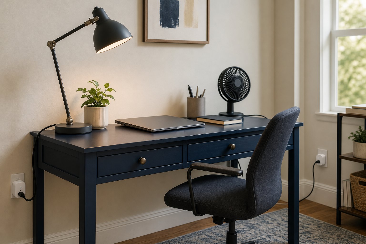 Compact smart plugs controlling a home office lamp and fan from separate wall outlets