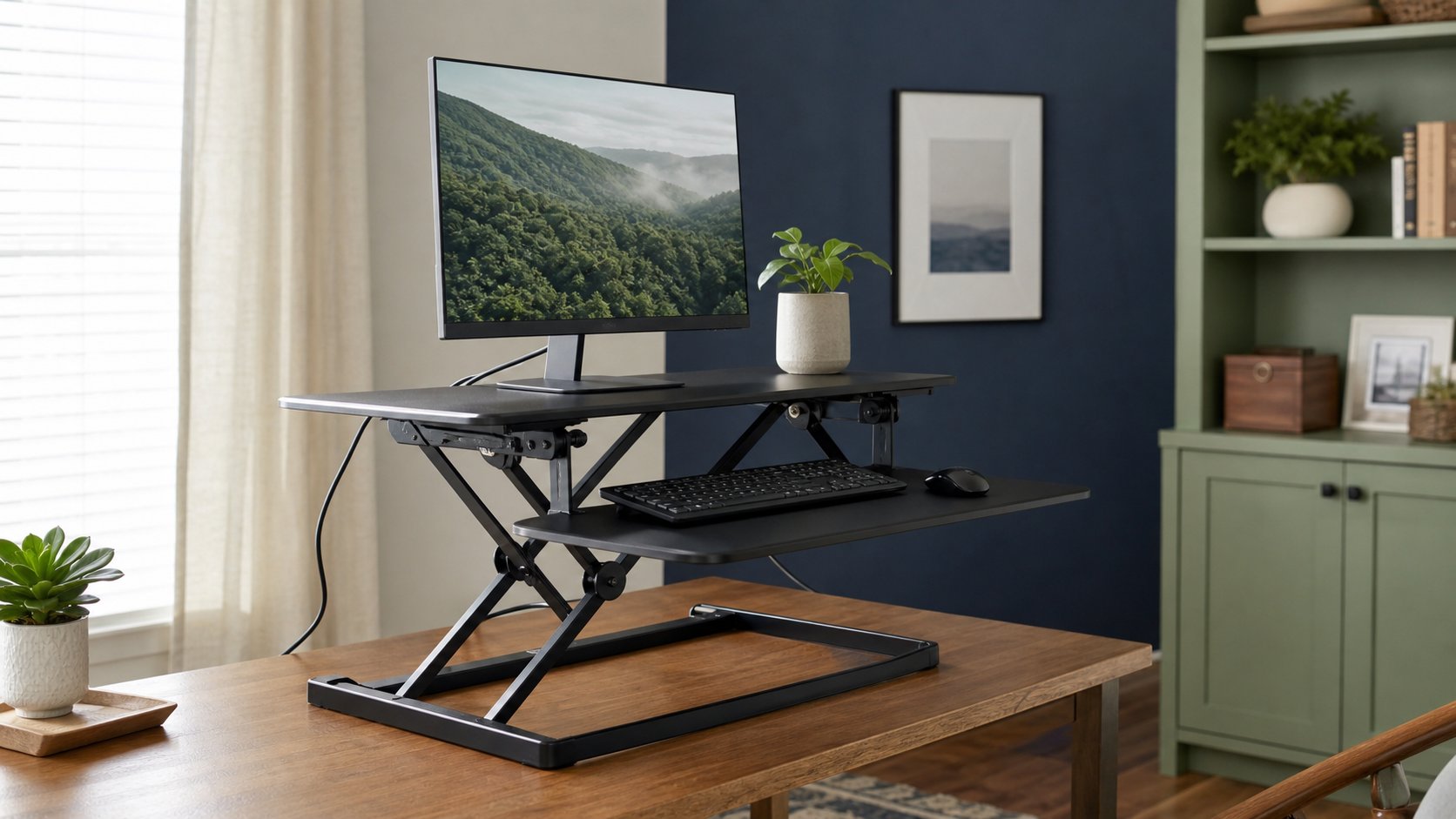 Two-tier standing desk converter raised on a solid wood home-office desk