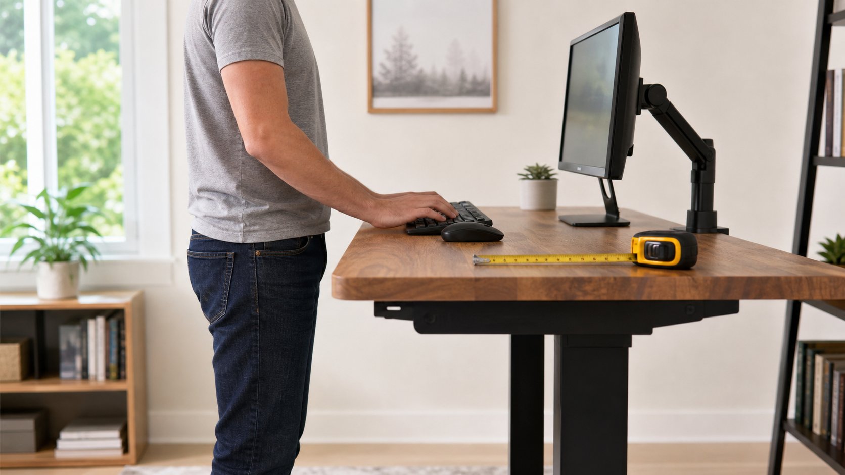Standing desk being measured with keyboard near relaxed elbow height and monitor positioned ahead