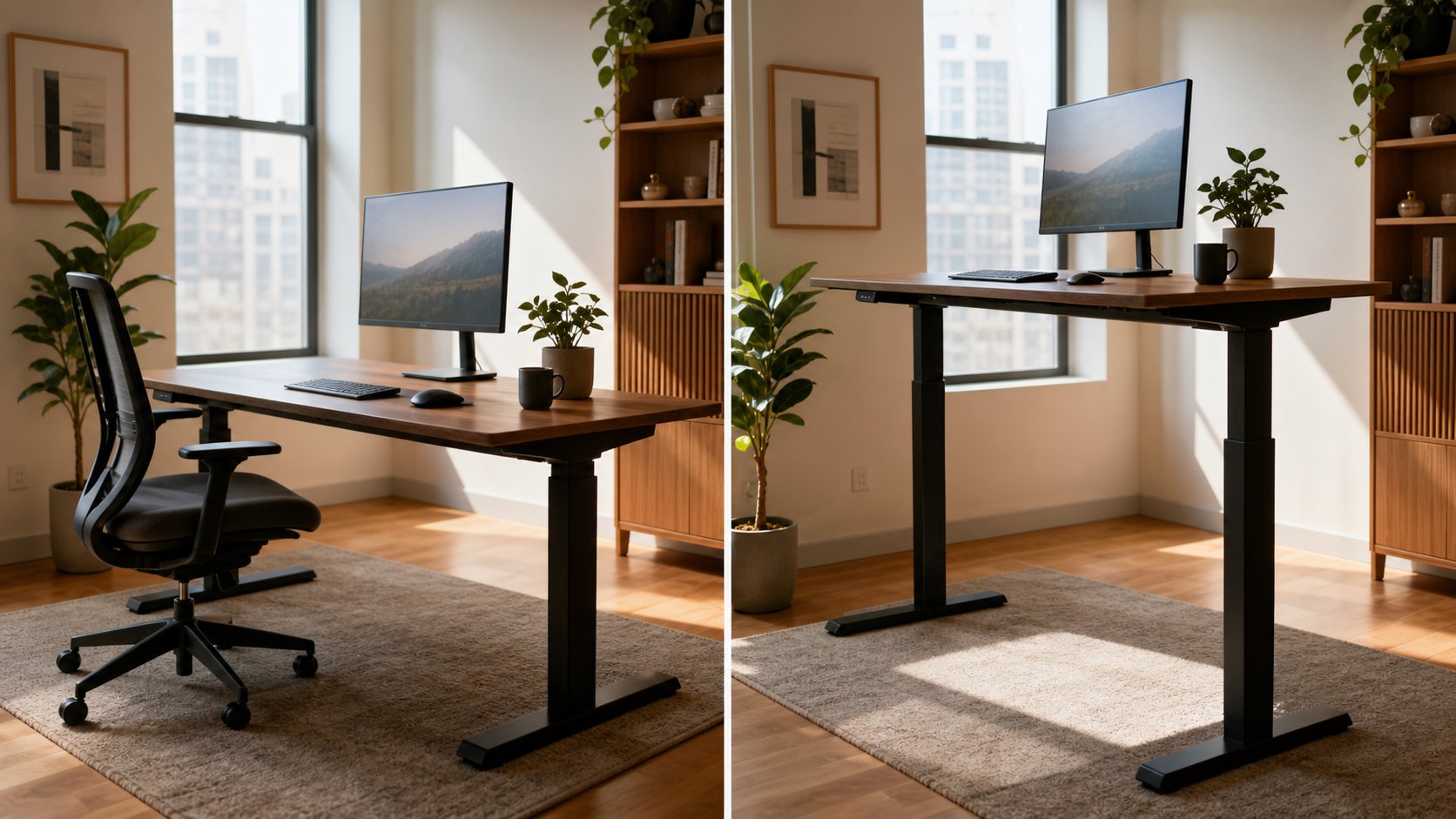 Adjustable home-office desk shown in supported sitting and correctly raised standing positions