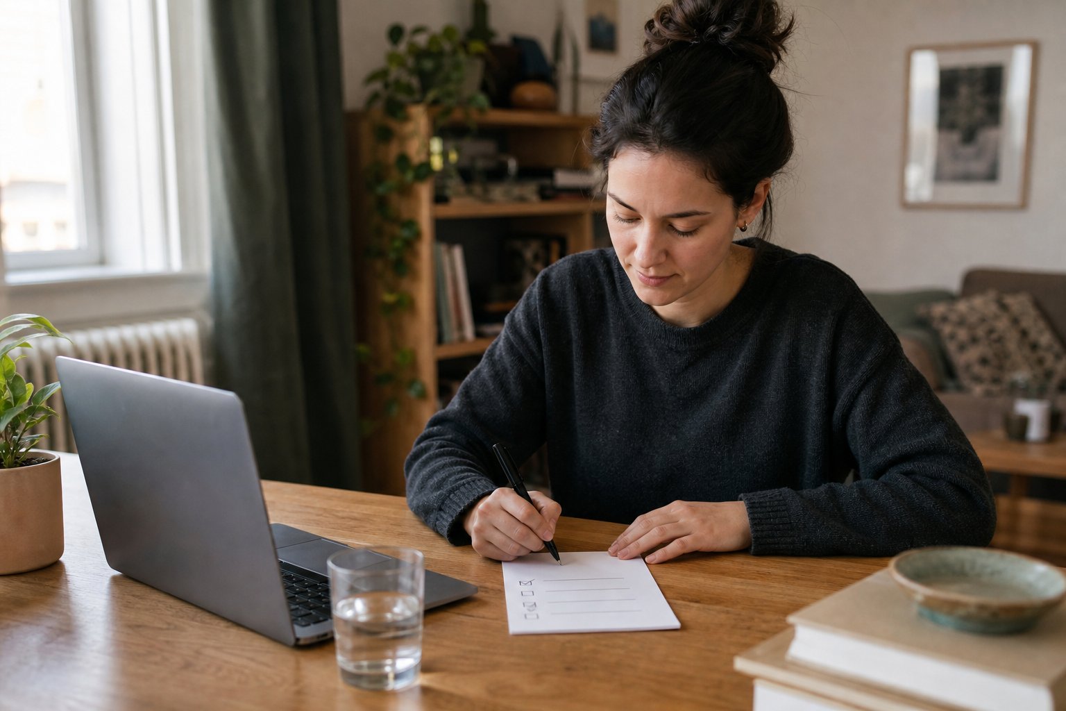 Focused remote worker beginning a manageable task beside a simple paper checklist