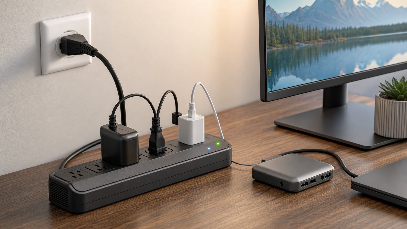 Grounded surge protector used without daisy chaining to power home-office electronics with organized cables