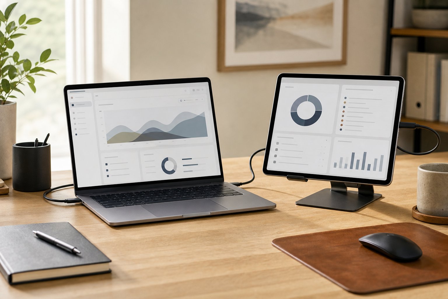 A laptop and tablet arranged together as a compact dual-screen workspace