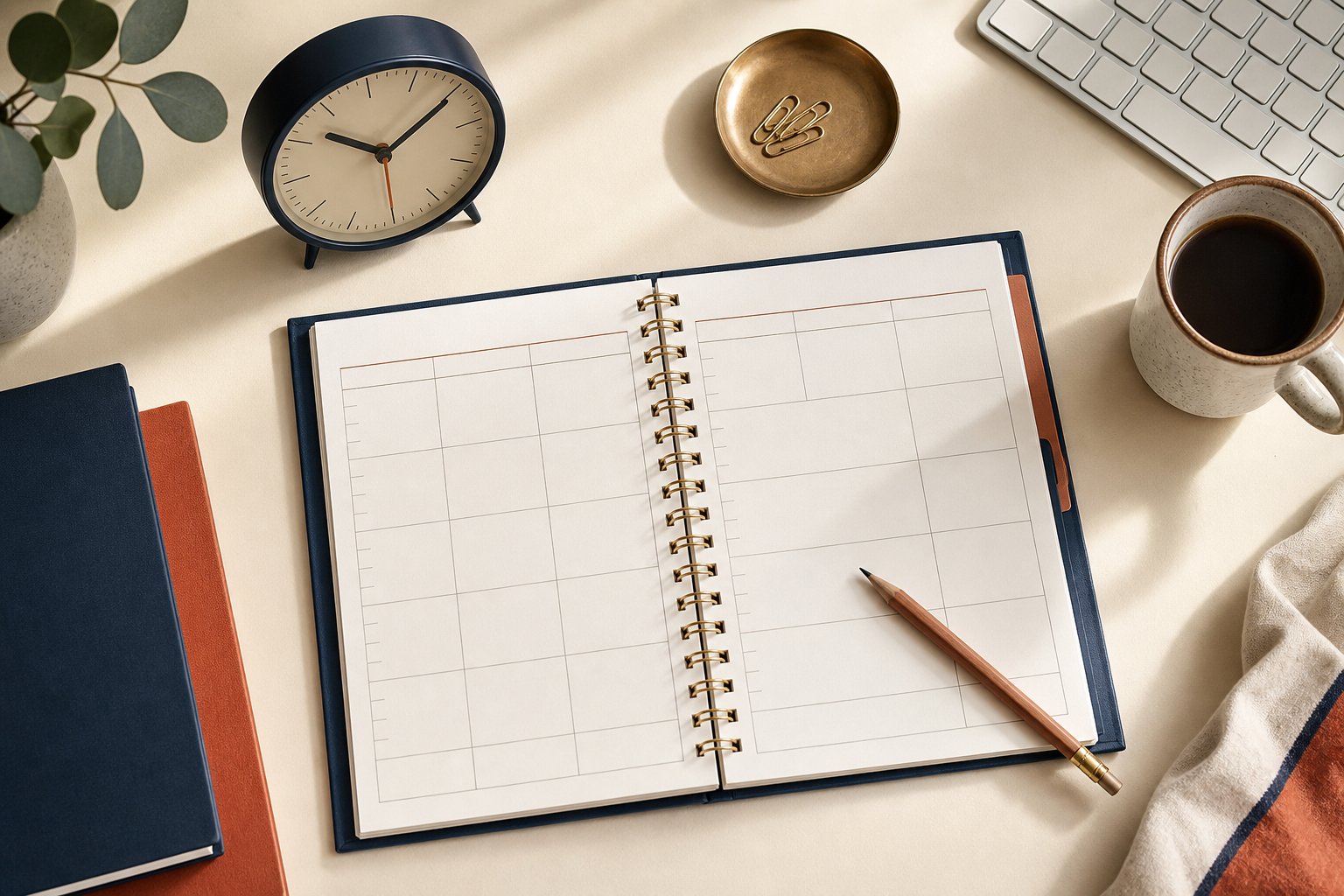 Paper day planner divided into simple time blocks beside an analog clock and keyboard