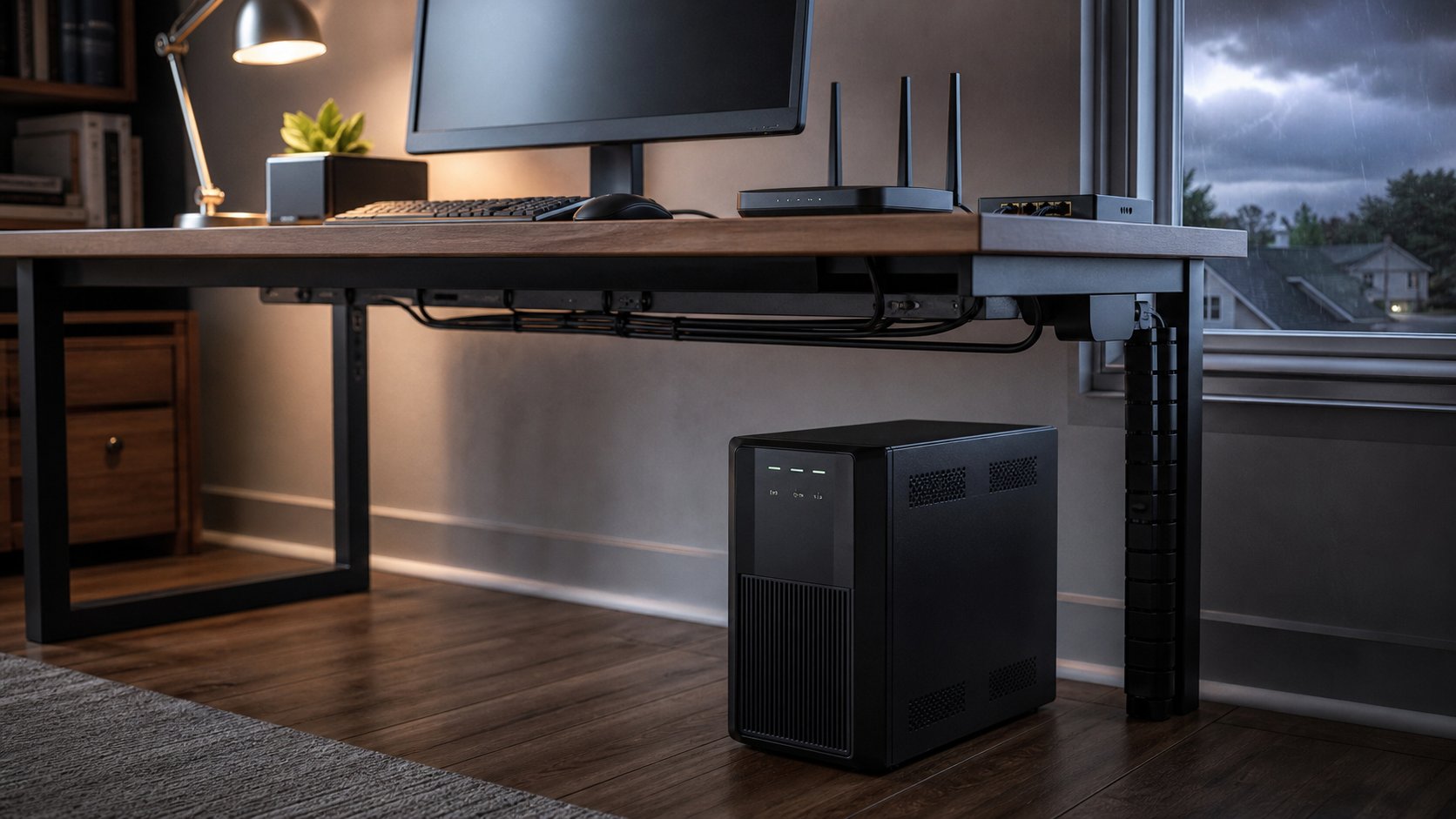 Ventilated uninterruptible power supply protecting a home-office computer and router beneath a neatly cabled desk