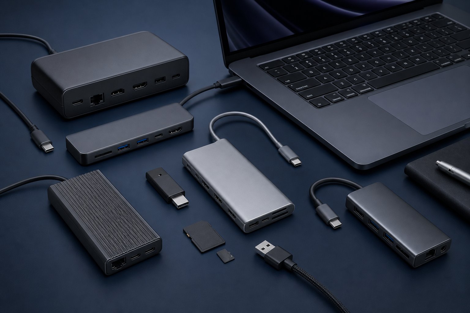 Modern USB-C hubs and a powered dock showing HDMI, Ethernet, card and USB ports