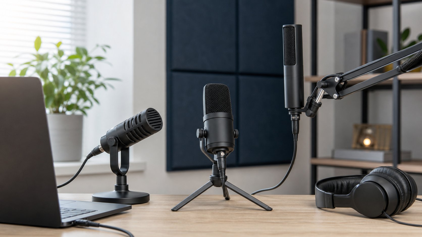 Compact dynamic and condenser USB microphones arranged beside a laptop and headphones