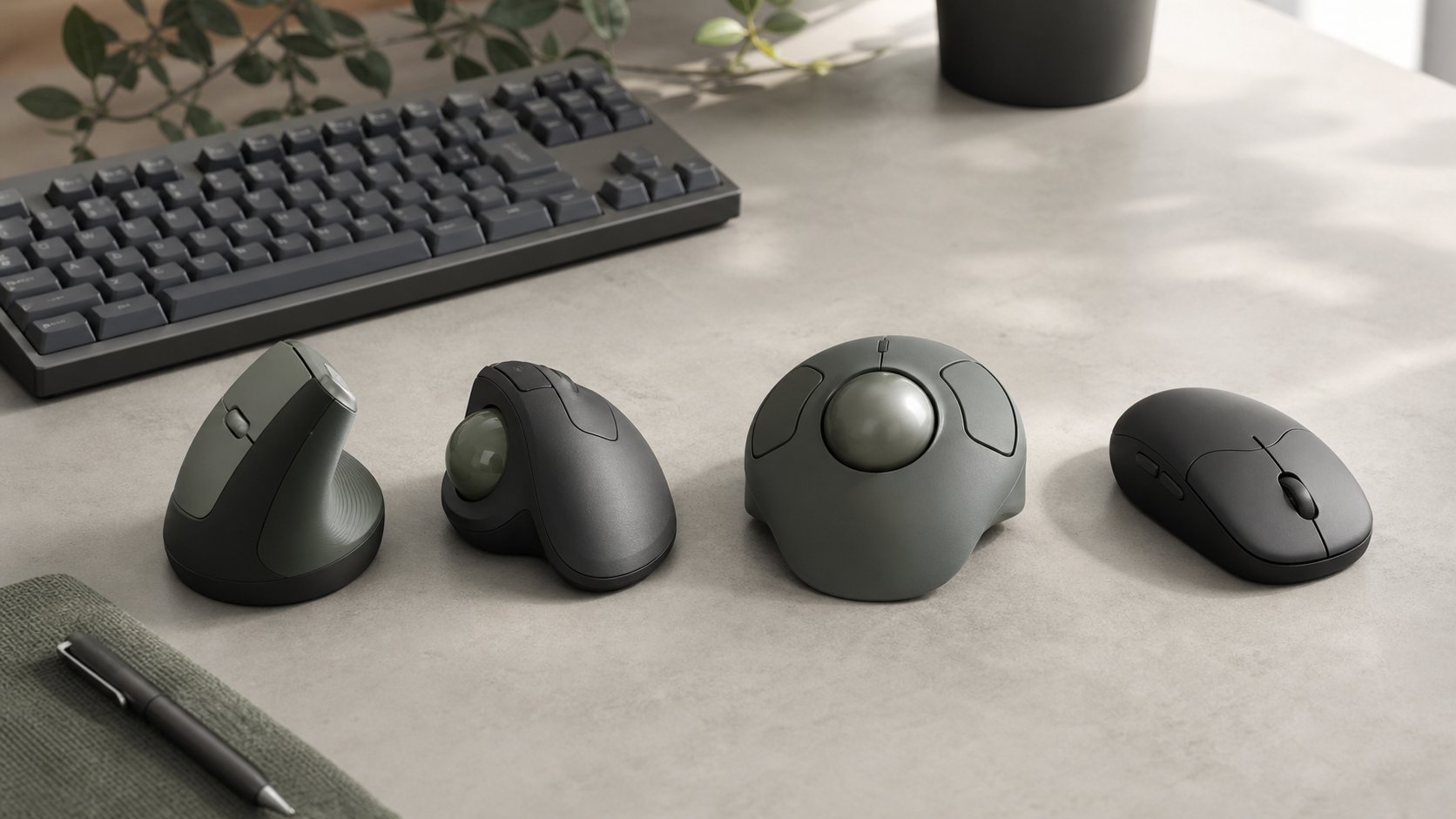 Vertical mouse, thumb trackball, ambidextrous finger trackball and conventional mouse compared on a desk