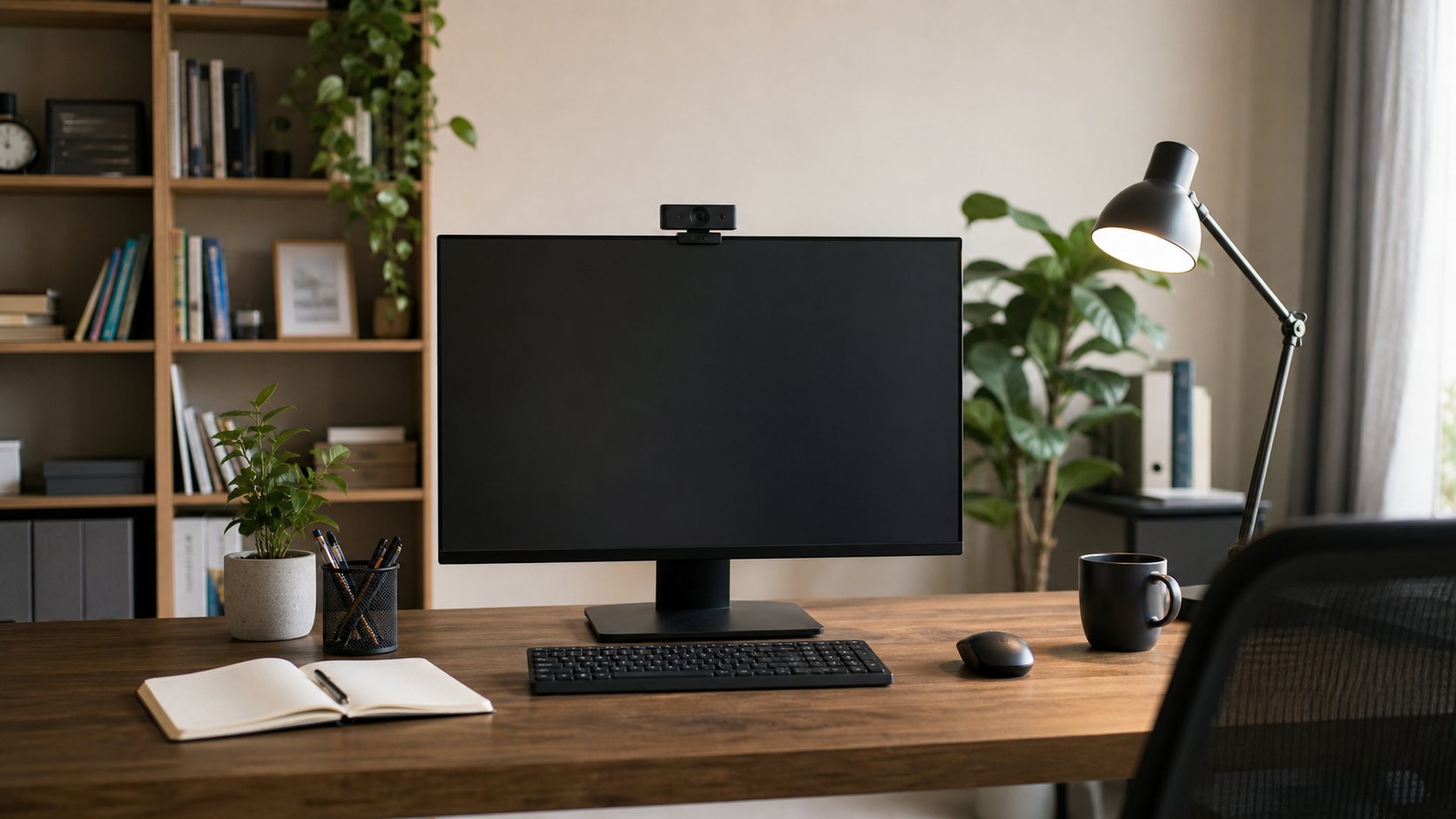 Home office prepared for video calls with an eye-level webcam, soft front lighting and an uncluttered background