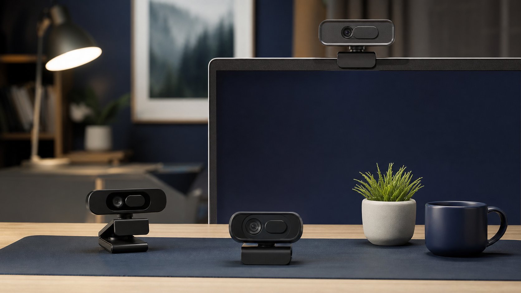Three compact webcams with privacy shutters arranged around a desktop monitor