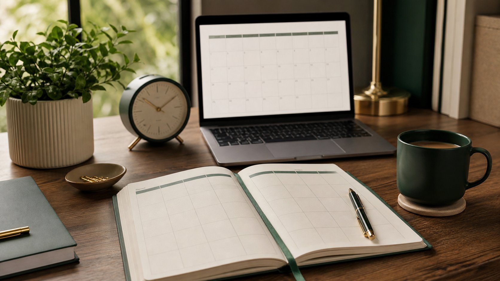 Paper weekly planner beside a laptop calendar, analog clock and pen on an organized remote-work desk
