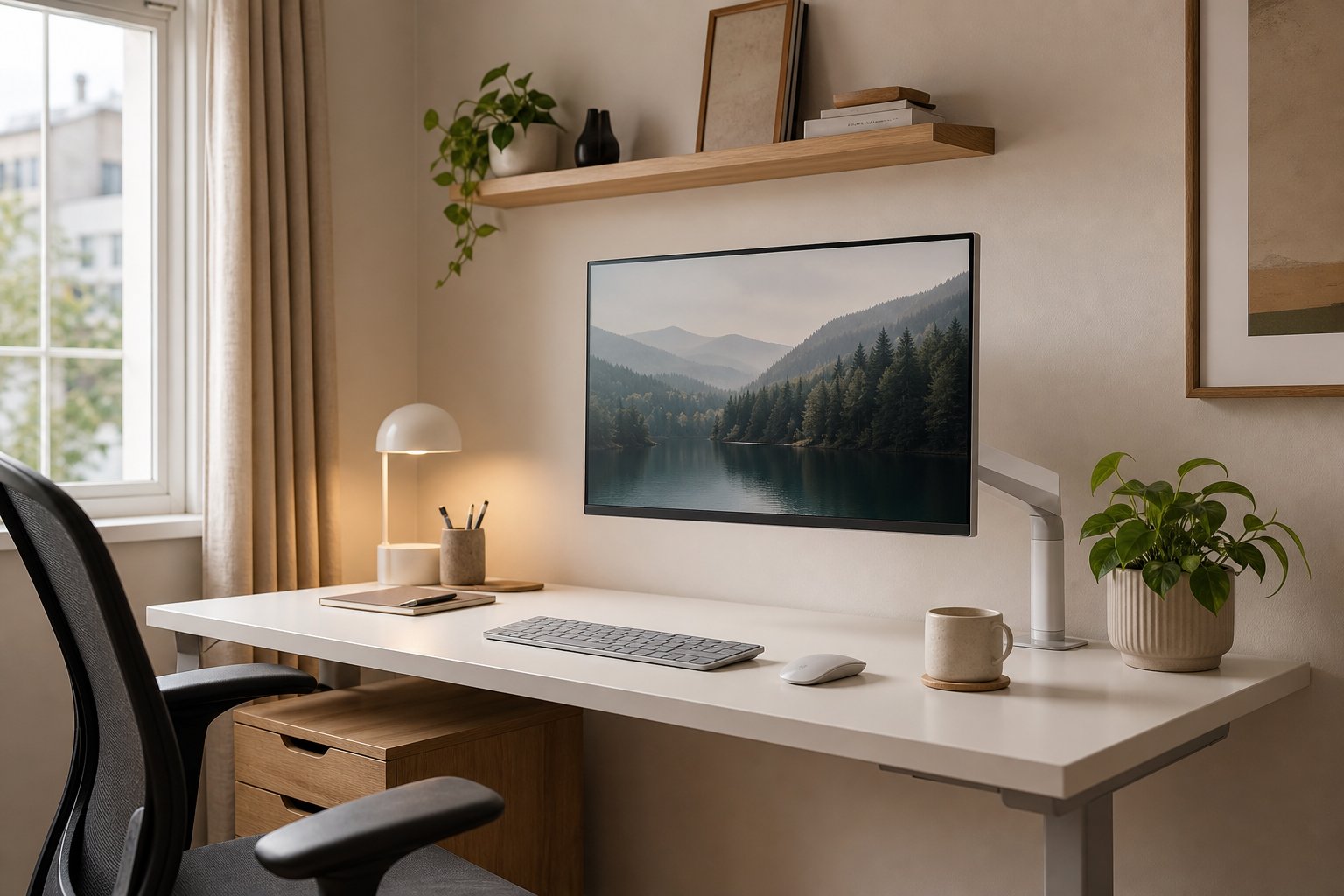 Warm white home office desk with pale wood accents, a slim monitor and a small plant