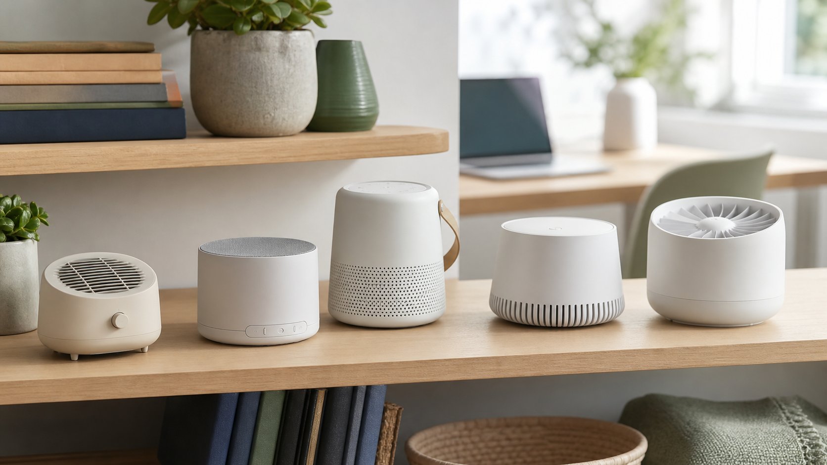 Five unbranded mechanical, digital and portable sound machines arranged in a calm home office