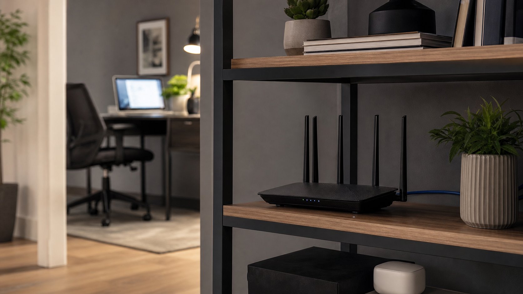 Modern Wi-Fi router placed openly near a home office with a mesh node and neatly routed Ethernet cable