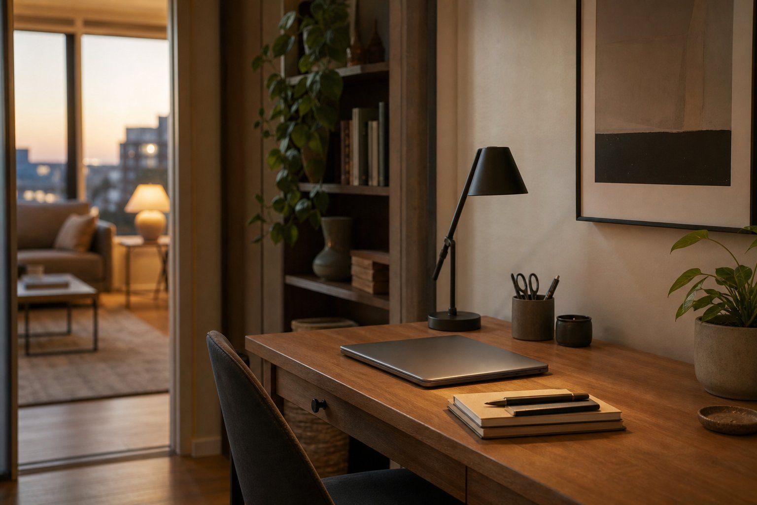 A home office at the end of the workday with a closed laptop and task lamp switched off