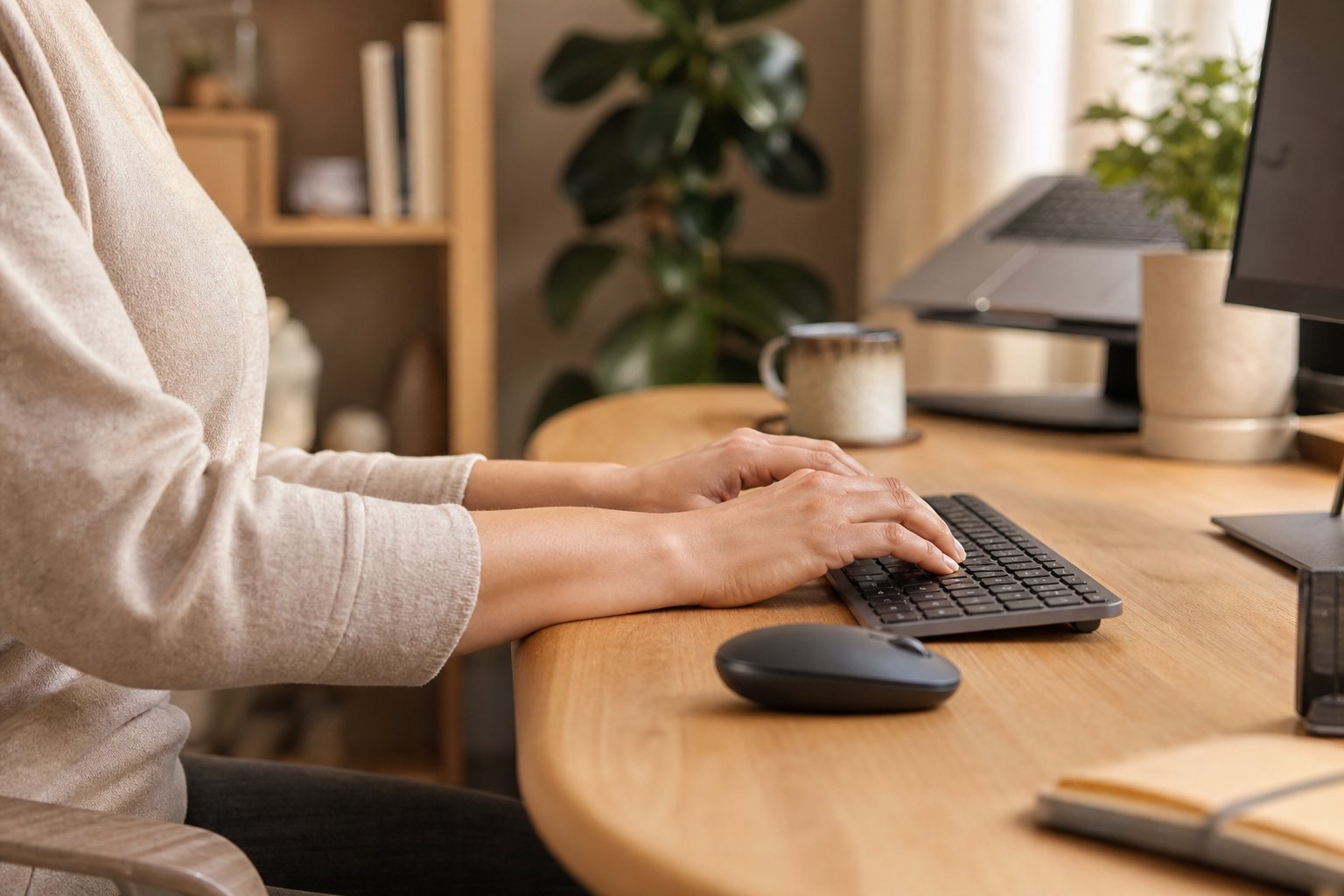 Hands typing with wrists aligned to the forearms and a compact mouse close to the keyboard