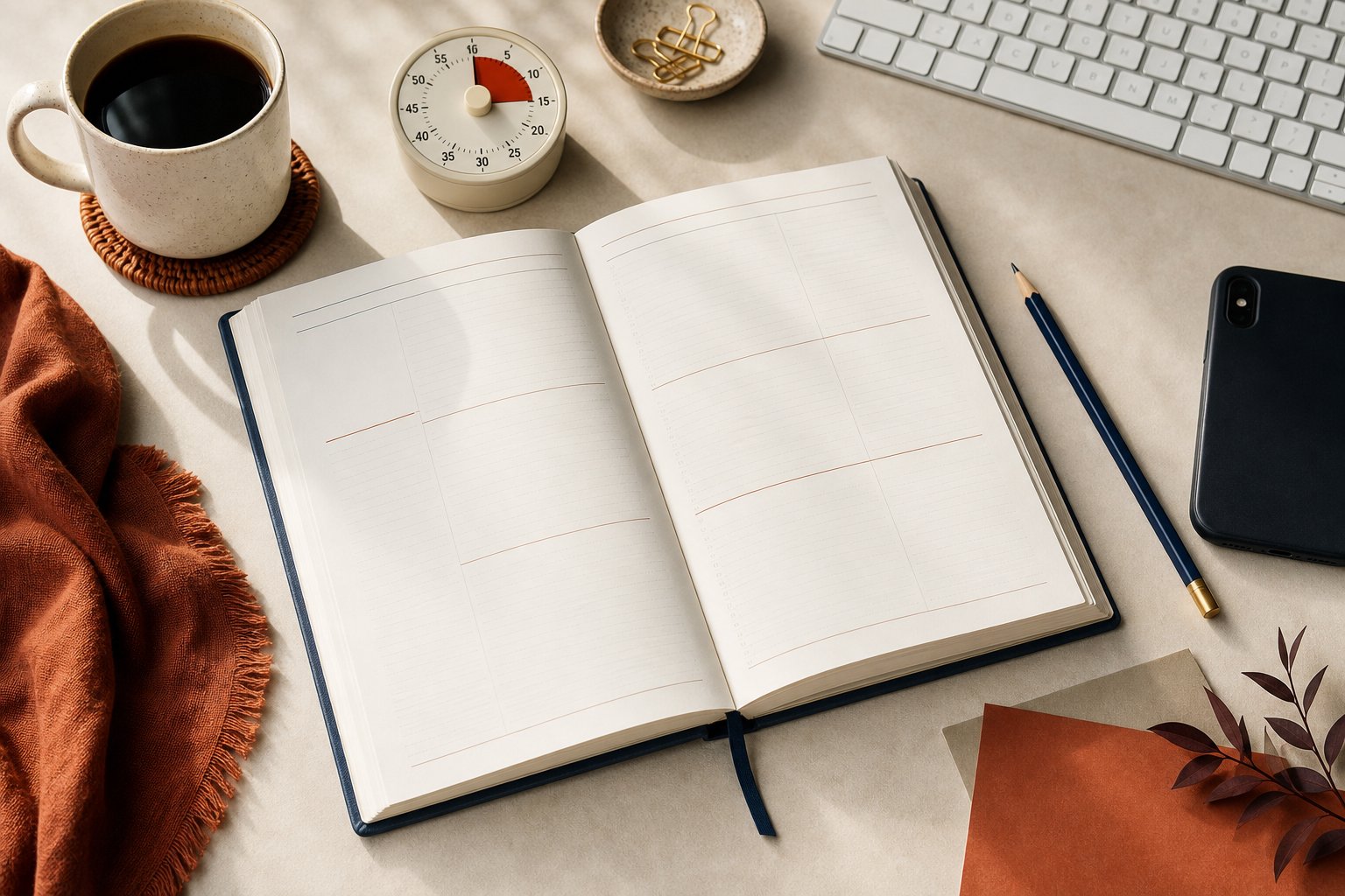 A weekly planner, timer and keyboard arranged for a focused work session