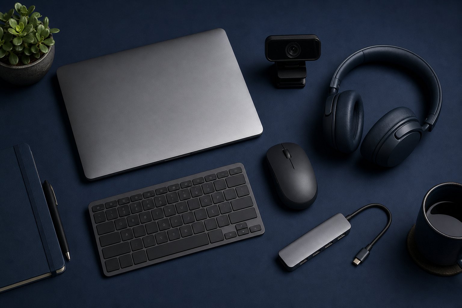 Remote work technology arranged on a dark surface